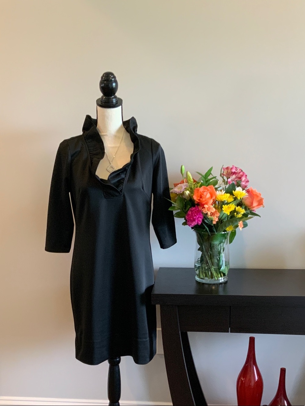 Gretchen Scott Designs Black Ruffle V-Neck Midi Dress